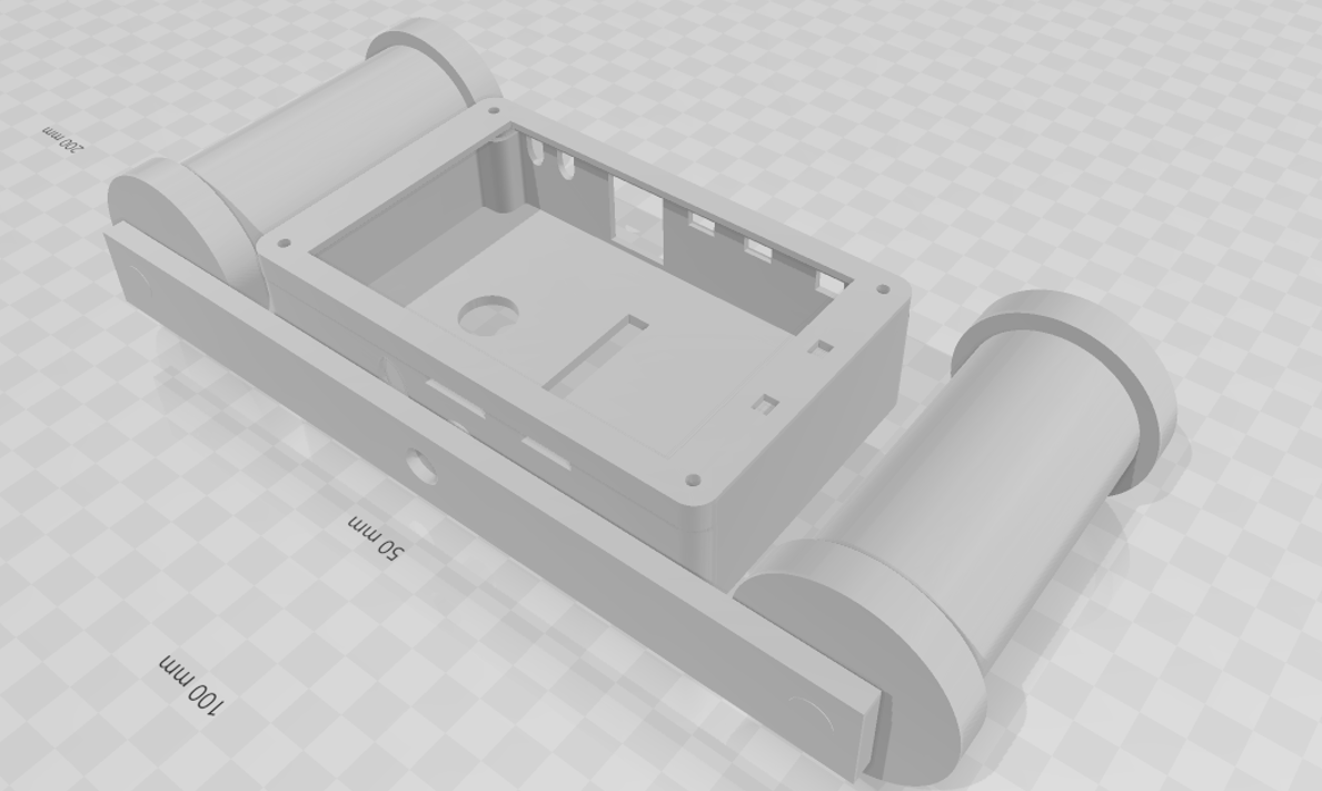 3D CAD models showing enclosure, handle mount, and board cage components